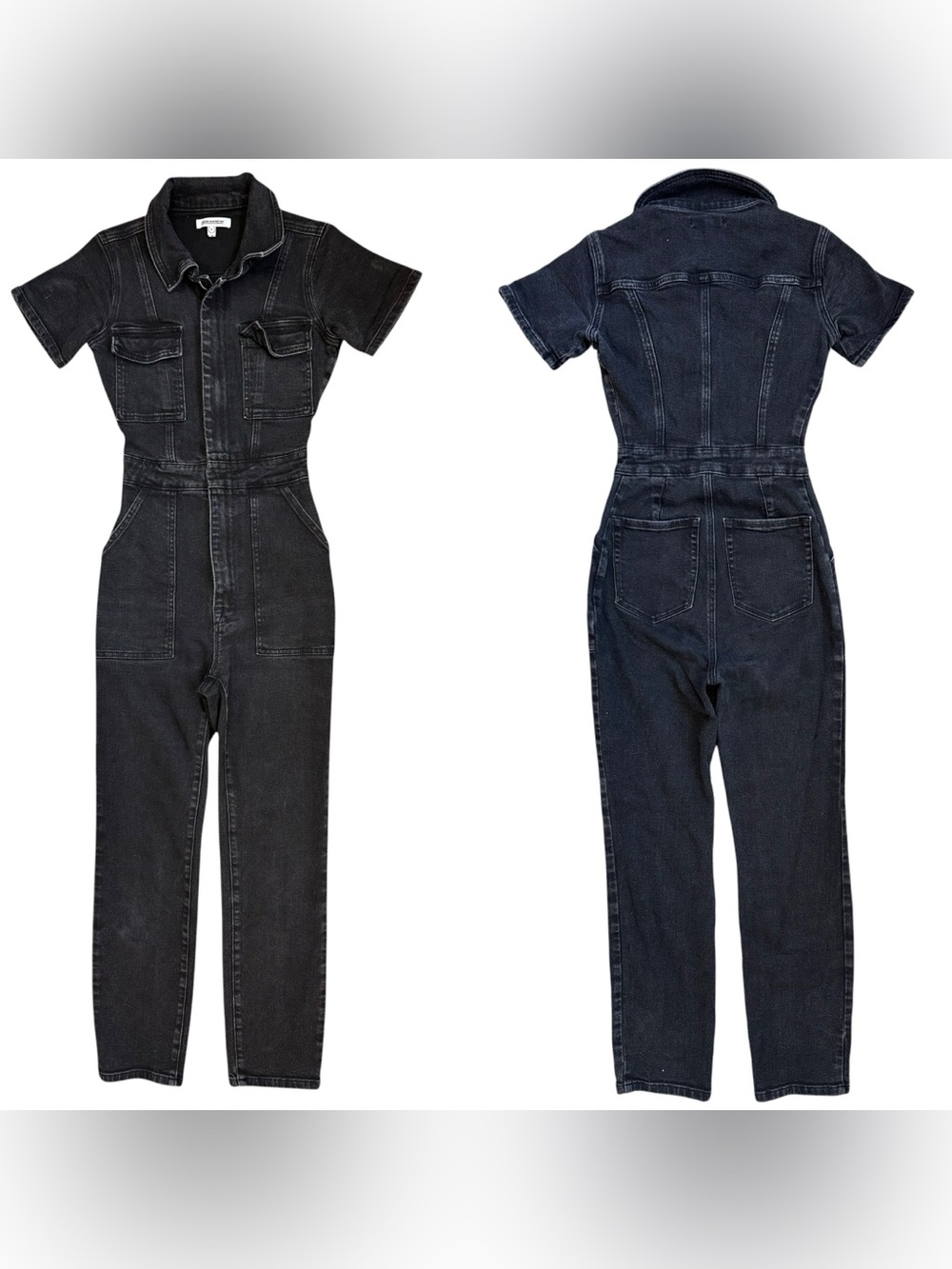 Good American Fit For Success Faded Black Zip Up Collared Denim Jumpsuit Size 0